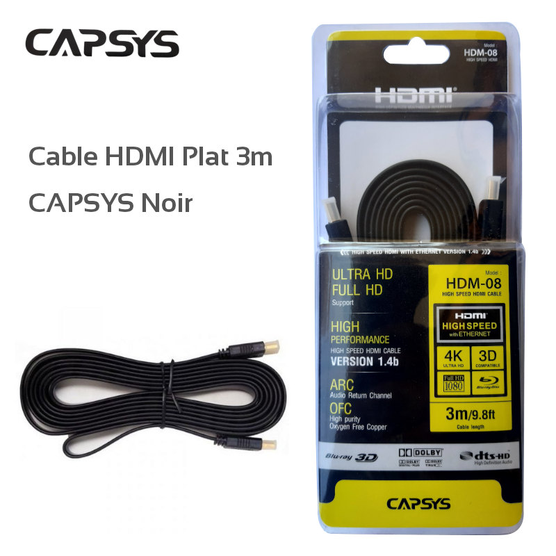 Cable HDMI Plat 3m CAPSYS Noir